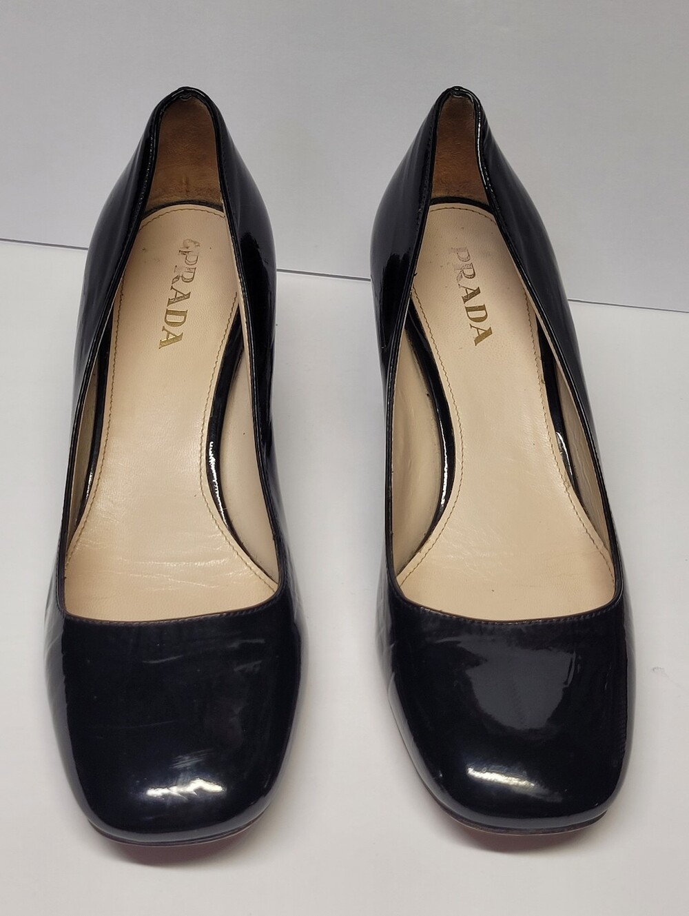 PRADA Black Patent Leather Square Toe Pumps – Size [36½] (Needs Heel Tap